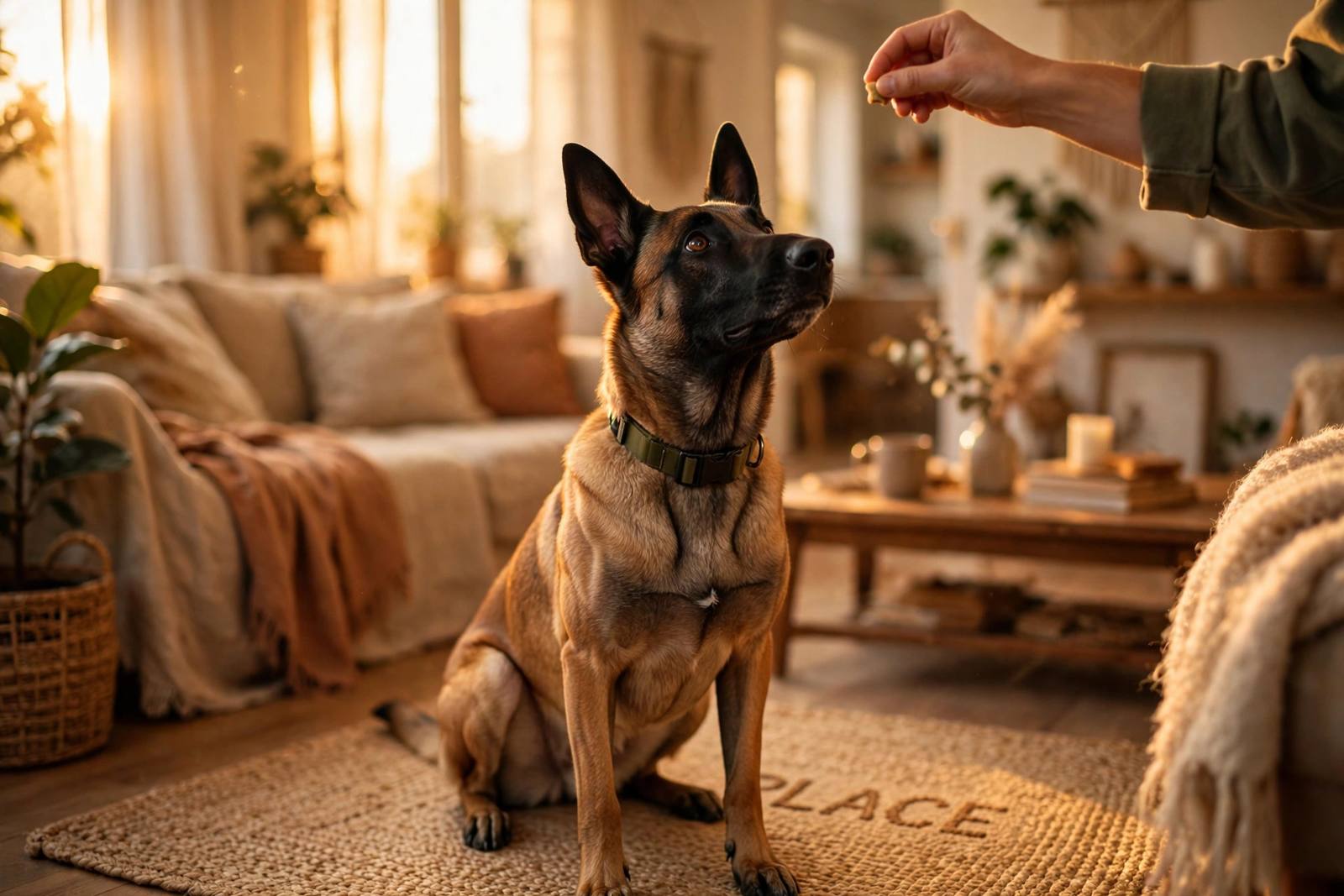 Belgian Malinois holding a place stay in a sunlit living room, watching a trainer's hand with a treat
