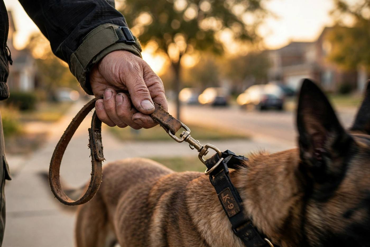 Trainer's hands holding a leash with a Belgian Malinois mid-stride at golden hour